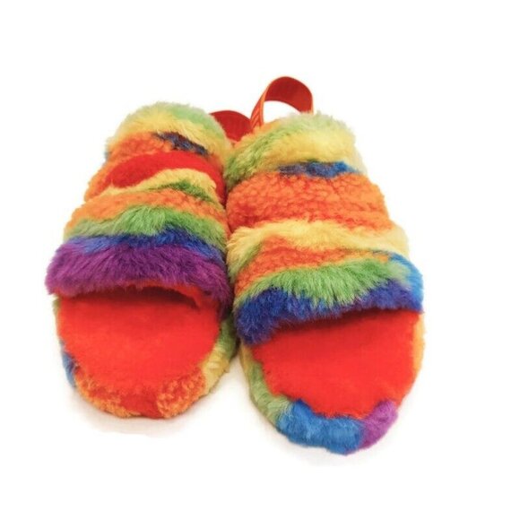 UGG Fluff Yeah Slide Cali Collage Backstrap Slippers Big Kids 4 Rainbow Stripes - Picture 5 of 8